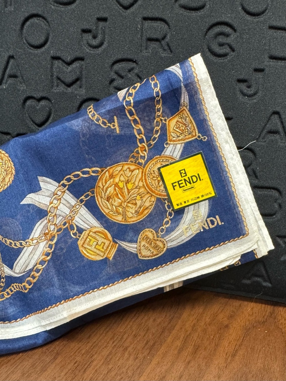 Fendi Blue & Gold Silk Pocket Square with Chain Medallion Motif
